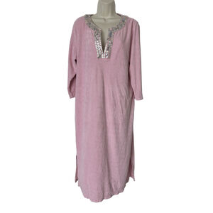 Quacker Factory French Terry Caftan Mumu Maxi Dress MED Mother Of Pearl Buttons